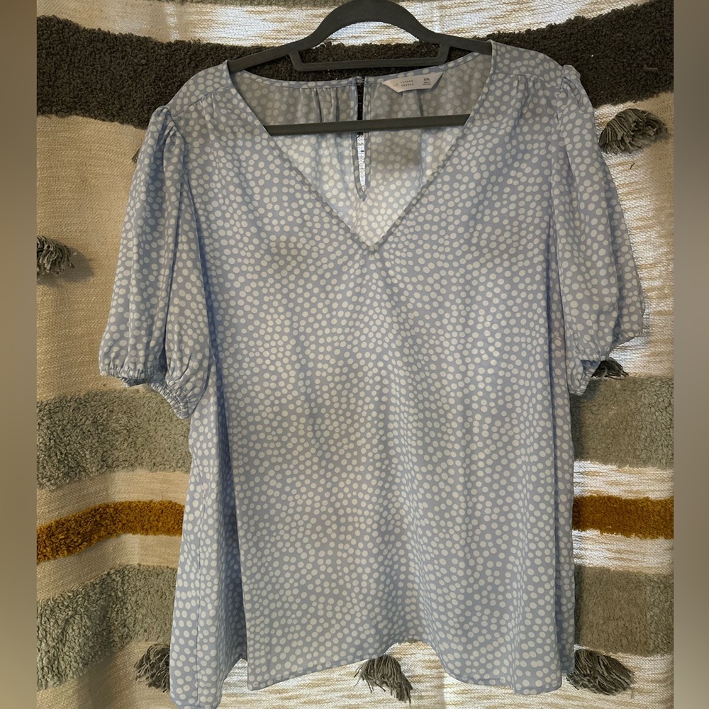 LC Lauren Conrad Light Blue Polka Dot V-Neck Blouse